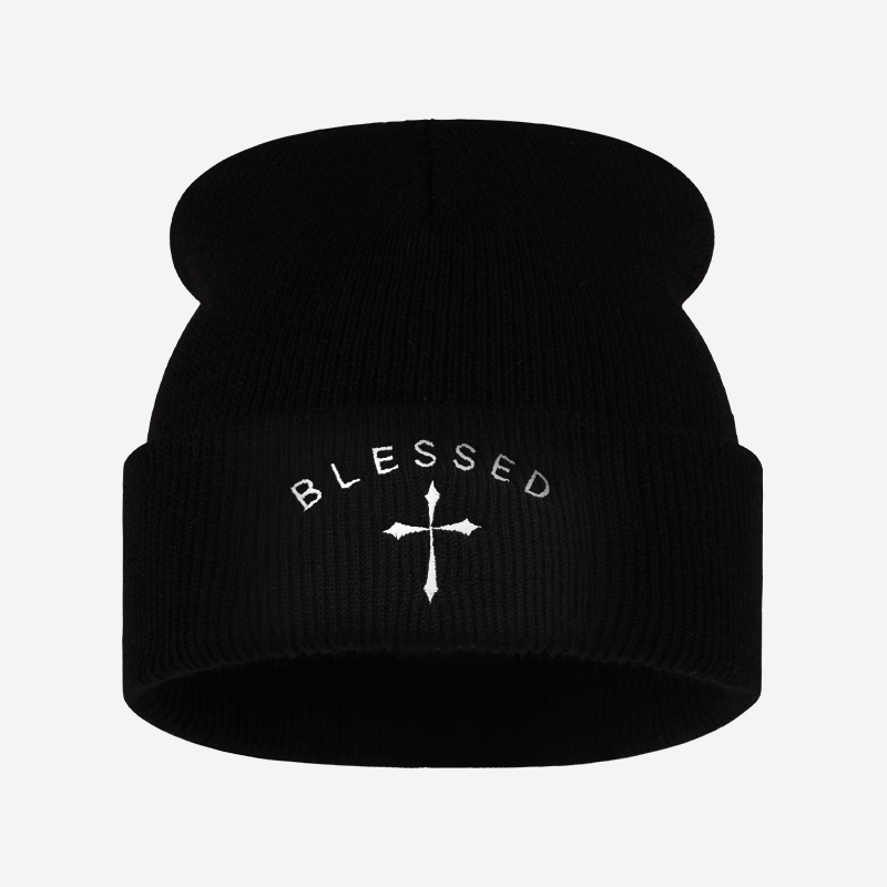 Beanie Cuffed Knit - 축복받은 십자가 자수 비니, 겨울용 커프