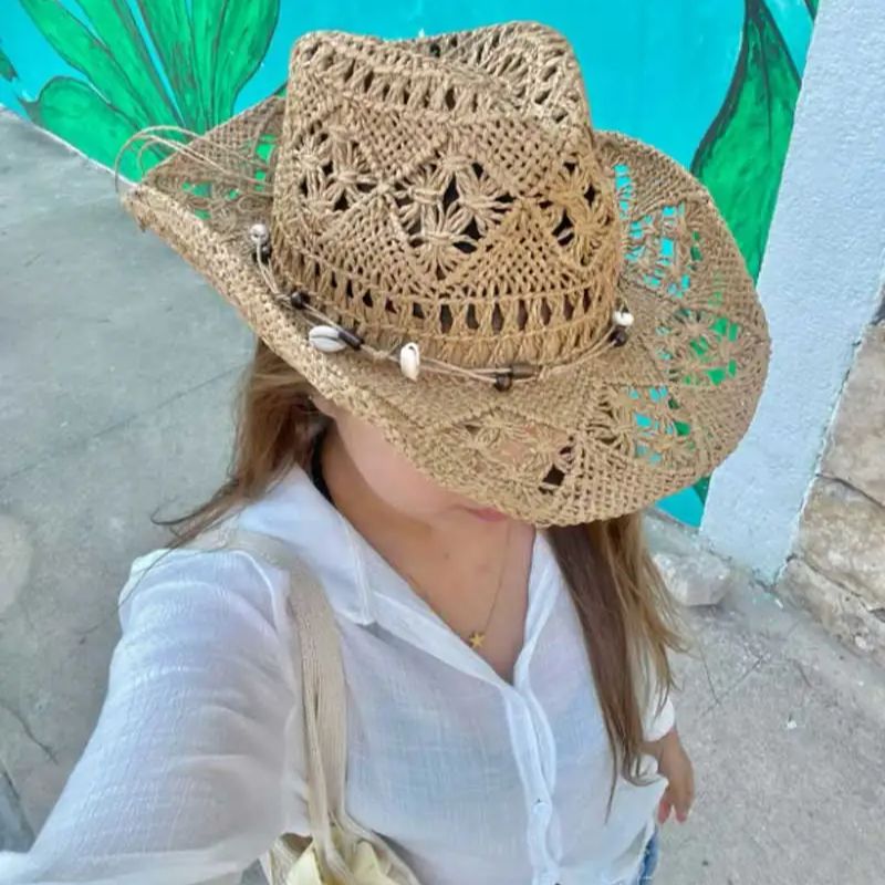 여름 밀짚모자 해변 여성 남성 카우보이 모자 나무 구슬 - Cowboy Hat Straw 리뷰 및 가격