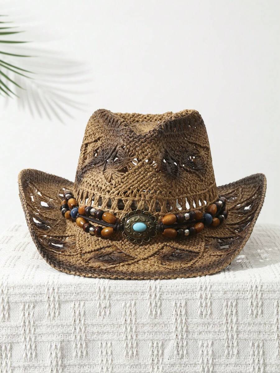1개입 유니섹스 비즈 장식 염색 와이드 브림 프린트 카 - Cowboy Hat Straw 리뷰 및 가격